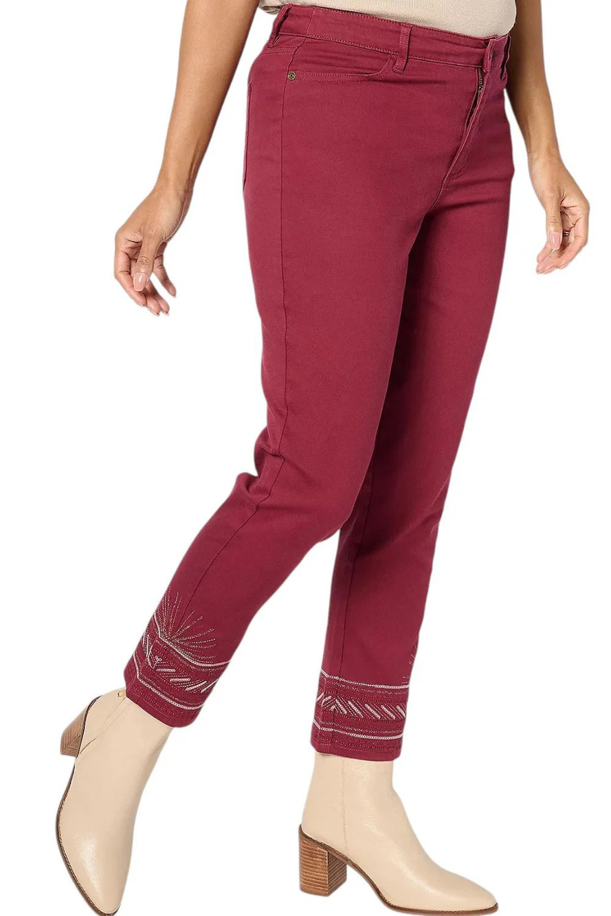Susan Graver Women's Embellished Hem Straight Leg Jean Wine - Regular